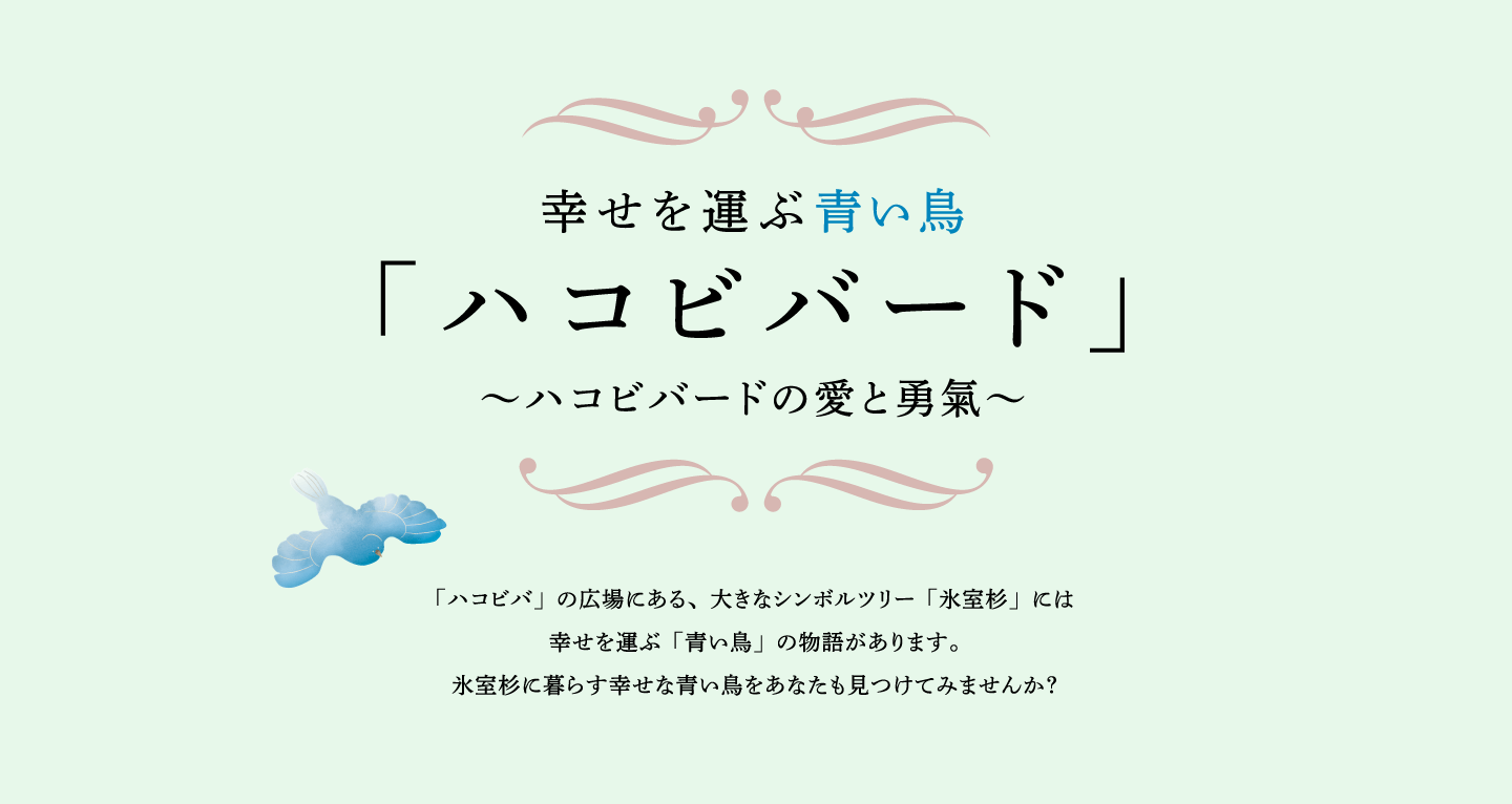 幸せを運ぶ青い鳥「ハコビバード」〜ハコビバードの愛と勇氣〜「ハコビバ」の広場にある、大きなシンボルツリー「氷室杉」には
幸せを運ぶ「青い鳥」の物語があります。
氷室杉に暮らす幸せな青い鳥をあなたも見つけてみませんか?